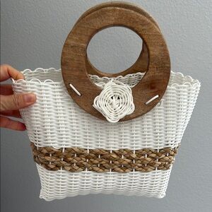 White and Tan Woven Handbag